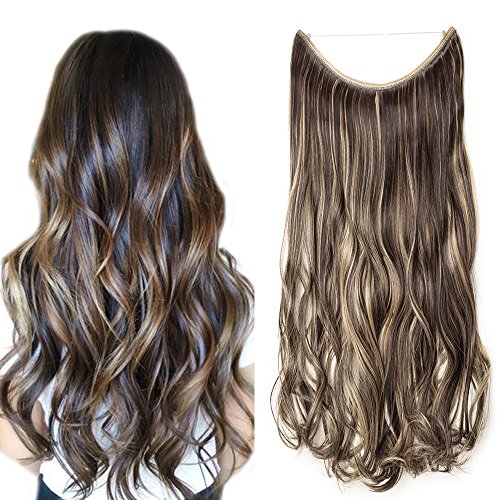 50cm Extensiones de Cabello de Hilo Invisible [Marrón Oscuro mezcla Rubio Ceniza] Pelo Sintético Rizado (90g)