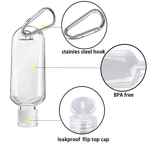 50ml Botellas de Viaje Recargables Vacías Botellas de Plástico con Mosquetón Recipiente Portátil de Plástico Transparente de Viaje para Desinfectante de Manos Contenedor Porta Gel Niños
