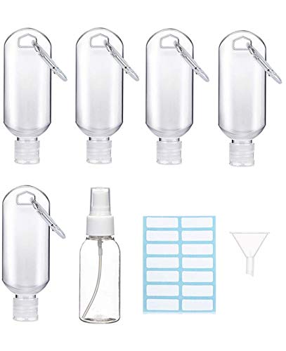 50ml Botellas de Viaje Recargables Vacías Botellas de Plástico con Mosquetón Recipiente Portátil de Plástico Transparente de Viaje para Desinfectante de Manos Contenedor Porta Gel Niños