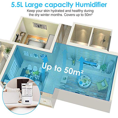 5.5L Humidificador Silencioso Ultrasónico, Humidificador de Niebla Fría con Difusor de Aceites Esenciales y 7 Colores LED Luz, Apagado Automático Sin Agua, Remoto, Modo de sueño para el hogar/oficina