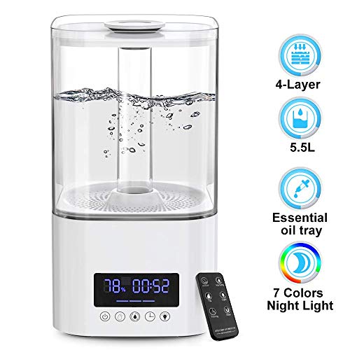 5.5L Humidificador Silencioso Ultrasónico, Humidificador de Niebla Fría con Difusor de Aceites Esenciales y 7 Colores LED Luz, Apagado Automático Sin Agua, Remoto, Modo de sueño para el hogar/oficina