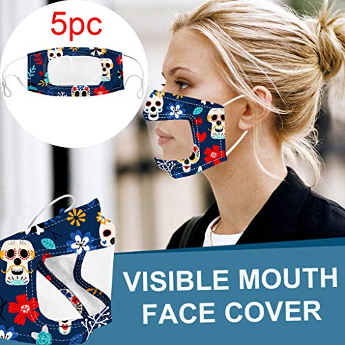 5pc Face Bandana with Clear Window, Reusable and Washable, Halloween Print Face Shield with Clear Vinyl Mouth Expression Lip Reading, Full Protection, Indoors and Outdoors, Anti-Haze Dust