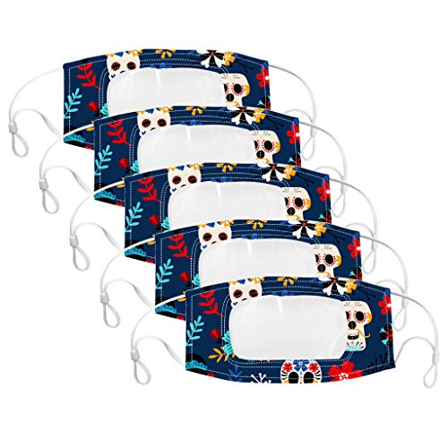 5pc Face Bandana with Clear Window, Reusable and Washable, Halloween Print Face Shield with Clear Vinyl Mouth Expression Lip Reading, Full Protection, Indoors and Outdoors, Anti-Haze Dust