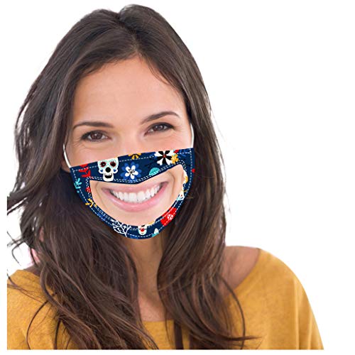 5pc Face Bandana with Clear Window, Reusable and Washable, Halloween Print Face Shield with Clear Vinyl Mouth Expression Lip Reading, Full Protection, Indoors and Outdoors, Anti-Haze Dust