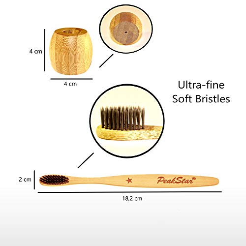 5x Cepillo Dientes Bambu PREMIUM PeakStar | 100% Biodegradable sin BPA | 2 Holders Homenaje + Paquete de Viaje | Cepillos con Finas Cerdas Suaves | ♻ Eco Vegan Friendly Organic Bamboo Toothbrush