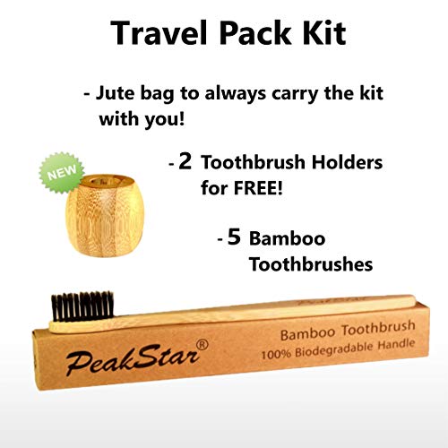 5x Cepillo Dientes Bambu PREMIUM PeakStar | 100% Biodegradable sin BPA | 2 Holders Homenaje + Paquete de Viaje | Cepillos con Finas Cerdas Suaves | ♻ Eco Vegan Friendly Organic Bamboo Toothbrush