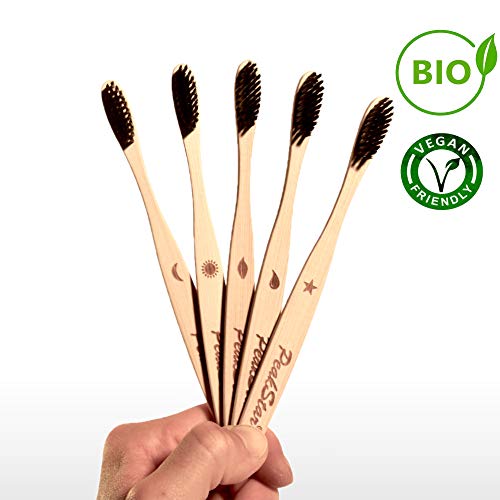 5x Cepillo Dientes Bambu PREMIUM PeakStar | 100% Biodegradable sin BPA | 2 Holders Homenaje + Paquete de Viaje | Cepillos con Finas Cerdas Suaves | ♻ Eco Vegan Friendly Organic Bamboo Toothbrush