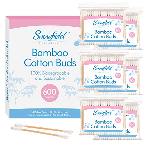 600 Bastoncillos ecologicos (6 x 100) Snowfield | Bastoncillos de algodón y bambú 100% biodegradables | Paquete familiar grande respetuoso con el medio ambiente