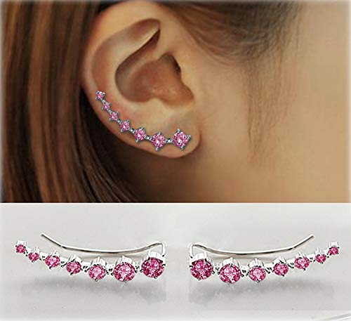 7 Cristales Ear Cuffs Hoop Climber S925 Sterling Pendientes de plata Pendiente hipoalergénico (Pink)