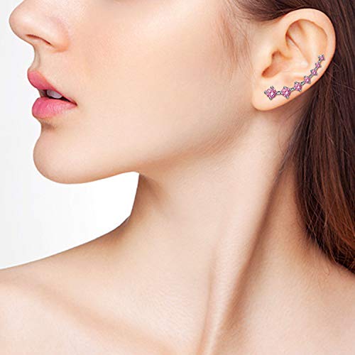 7 Cristales Ear Cuffs Hoop Climber S925 Sterling Pendientes de plata Pendiente hipoalergénico (Pink)