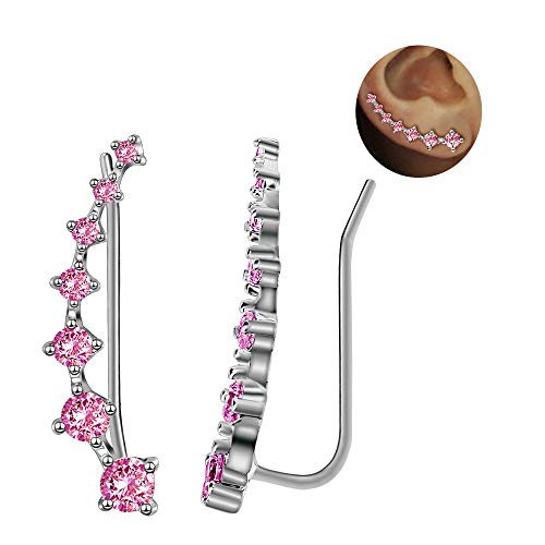 7 Cristales Ear Cuffs Hoop Climber S925 Sterling Pendientes de plata Pendiente hipoalergénico (Pink)
