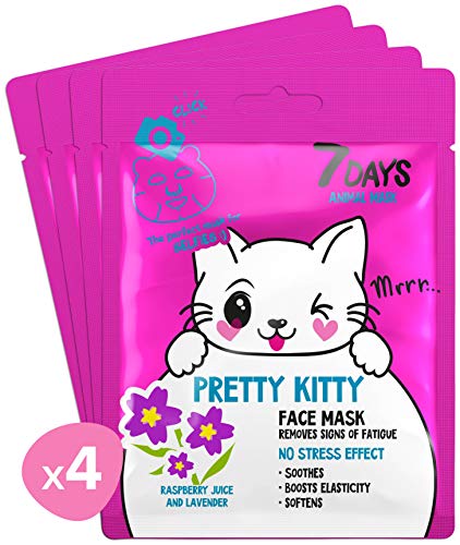 7DAYS Animal Masks 4 pieza de Máscaras Faciales de Animales Kitty Hydrated