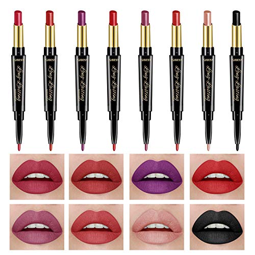 8 Pcs Dual Heads Matte Moist Lipstick Long Lasting Waterproof Mate Lip Liner Pencil Set (MU)