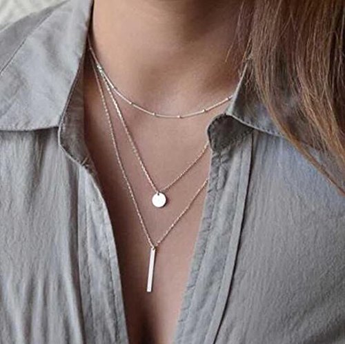 8m Simple chapado en oro Multilayers Tassel Coin Bar Collar Clavícula Cadena Charm Joyería Plata