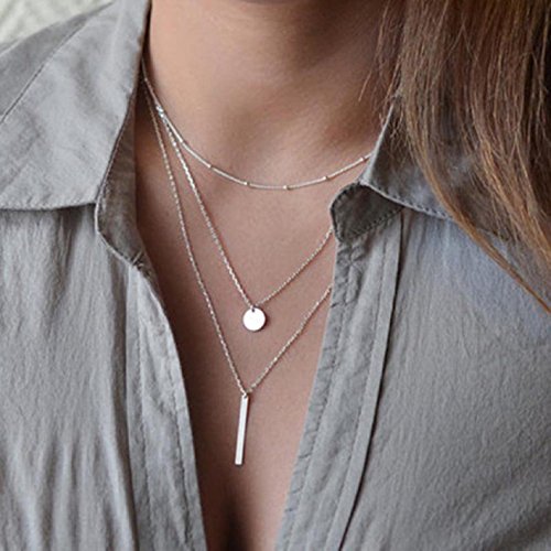 8m Simple chapado en oro Multilayers Tassel Coin Bar Collar Clavícula Cadena Charm Joyería Plata