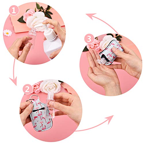 9 botellas vacías de viaje en llavero, para 30 ml de contenido, de plástico transparente con tapa abatible, contenedor recargable, con soporte, bonito llavero para champú, loción y líquidos