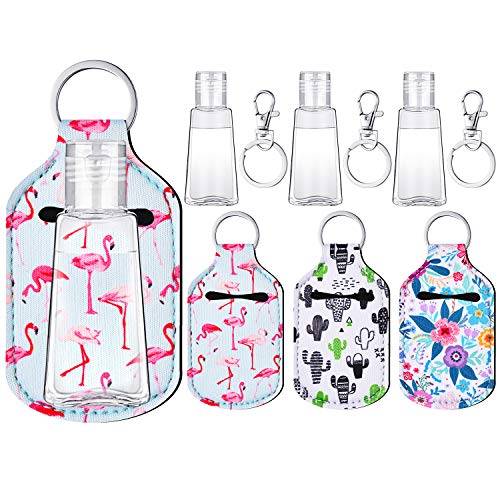 9 botellas vacías de viaje en llavero, para 30 ml de contenido, de plástico transparente con tapa abatible, contenedor recargable, con soporte, bonito llavero para champú, loción y líquidos