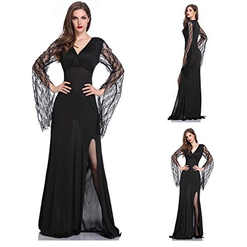 99AMZ Mujeres Deshuesado Corsé Gótico Halloween Vestido Clubwear Fiesta Traje Ángel Disfraces Vestidos Negro Encajes Dress Cuello Redondo Medieval Retro Vestidos con Alas y Guante (M)