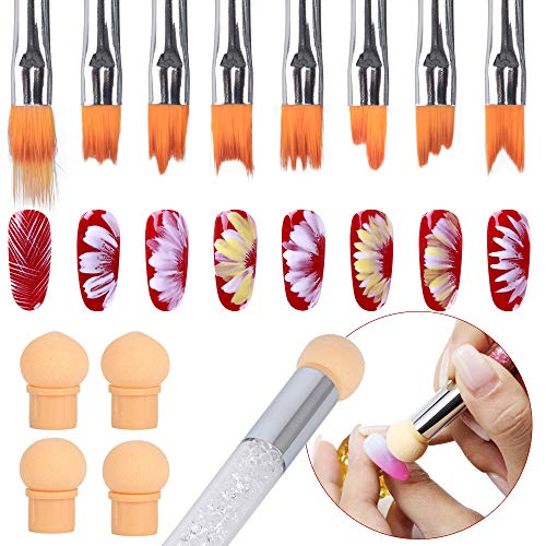 9pcs Pinceles Uñas Nail Art Brushes Cepillo de Esponja Doble Punta con 4 Cabezales de Repuesto Herramienta de Manicura Pincel Degradado para Aplicar Gel UV Decoración Arte Uñas