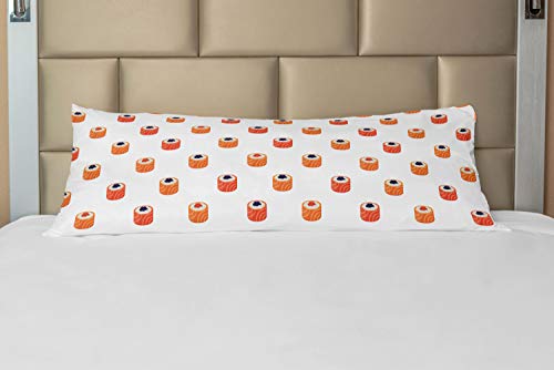 ABAKUHAUS Sushi Funda para Almohada de Apoyo, Pescado Crudo y arroz con el Caviar, Decorativa Fácil de Colocar Práctica Lavable, 53 x 137 cm, Salmón Naranja Azul Oscuro