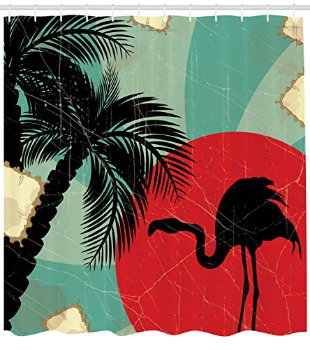 ABAKUHAUS Tropical Cortina de Baño, Grunge Flamenco de Palm, Material Resistente al Agua Durable Estampa Digital, 175 x 180 cm, Multicolor