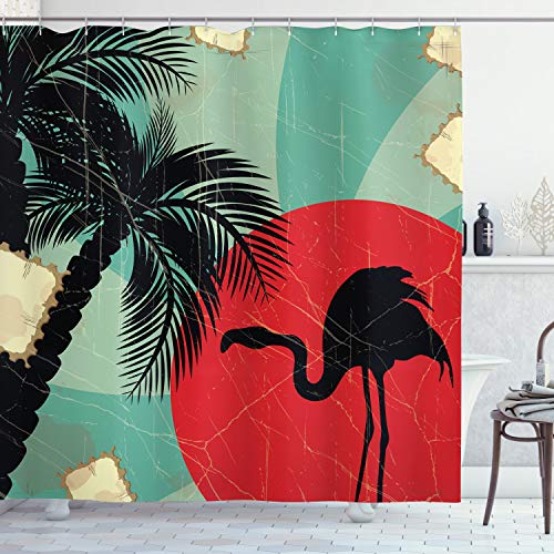 ABAKUHAUS Tropical Cortina de Baño, Grunge Flamenco de Palm, Material Resistente al Agua Durable Estampa Digital, 175 x 180 cm, Multicolor