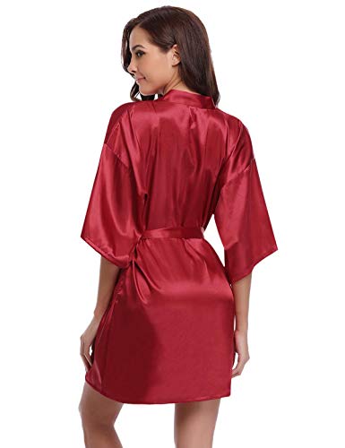 Abollria Kimono Mujer Bata para Satén Mujer Ropa de Dormir Batas Vino Tinto,S