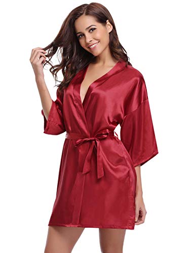 Abollria Kimono Mujer Bata para Satén Mujer Ropa de Dormir Batas Vino Tinto,S