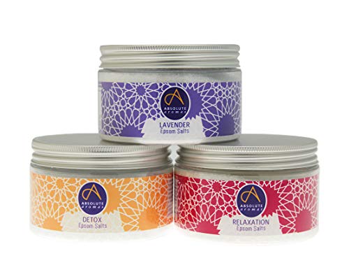Absolute Aromas Set de paquete de sales de baño relajantes de Epsom - 3 x 300 g de lavanda, desintoxicación y relajación - Sulfato de magnesio infundido con aceites esenciales 100% puros