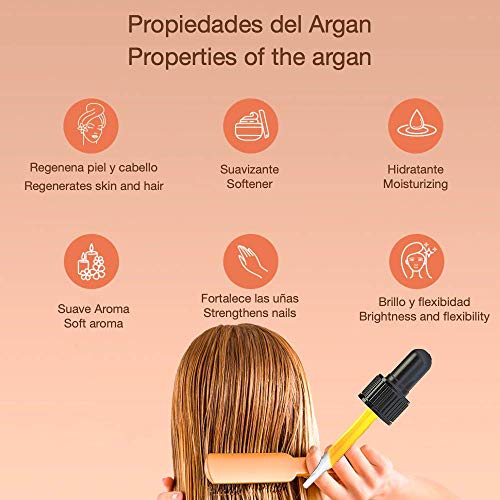 Aceite de Argan puro 100% de Marruecos prensado en frio Bio y Ecológico 100 ml. para pelo, piel, barba, cuerpo y uñas, rico en vitamina E