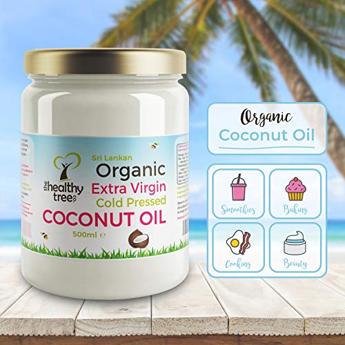 Aceite de Coco Virgen Extra Orgánico de TheHealthyTree Company - Para Cocinar, Hornear, el Cabello y la Piel - Aceite de Coco Orgánico Crudo Prensado en Frío Vegano (500ml Jarro de Vidrio)