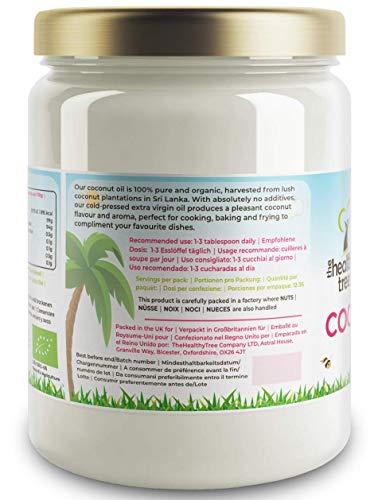 Aceite de Coco Virgen Extra Orgánico de TheHealthyTree Company - Para Cocinar, Hornear, el Cabello y la Piel - Aceite de Coco Orgánico Crudo Prensado en Frío Vegano (500ml Jarro de Vidrio)