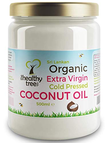 Aceite de Coco Virgen Extra Orgánico de TheHealthyTree Company - Para Cocinar, Hornear, el Cabello y la Piel - Aceite de Coco Orgánico Crudo Prensado en Frío Vegano (500ml Jarro de Vidrio)