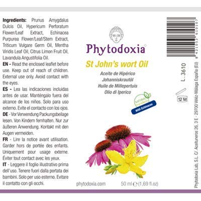 Aceite de Hiperico con Equinacea 50 ml | Macerado en Aceite de Almendras Dulces y Germen de Trigo | Aceite Masaje Corporal y Facial | Antiinflamatorio para el dolor | Hidratante Antiarrugas Vitamina E