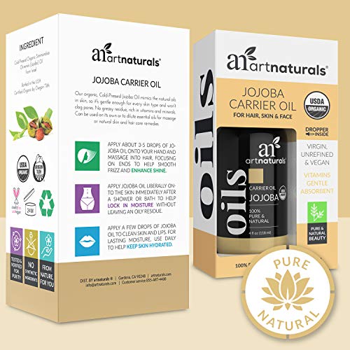 Aceite de jojoba 100 % orgánico, 120 ml, extraído de forma natural y prensado en frío, sin refinar, hidratante para la cara, pelo, piel, uñas, cutículas, estrías y pieles sensibles, de ArtNaturals
