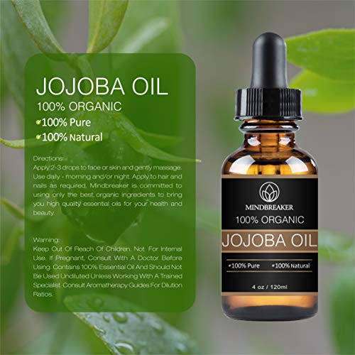 Aceite de jojoba orgánico - 100% puro Aceite de jojoba natural - Aceite portador prensado en frío - Crema hidratante perfecta para el cabello, la piel, la cara, las uñas y el cabello (4oz)