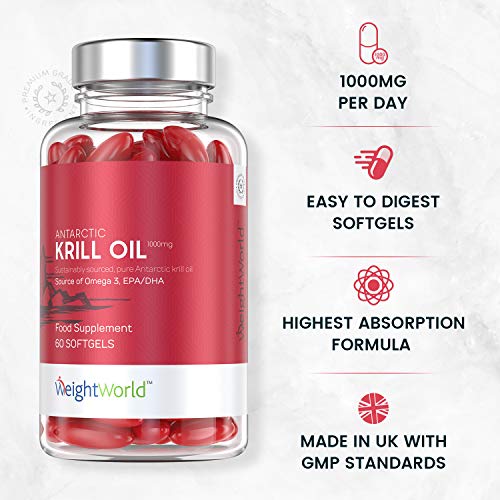Aceite de Krill 1000 mg | Ácidos Grasos Omega 3, EPA y DHA, Apoya Salud Articulaciones, Cerebro y Piel | Concentración y Memoria Potente Antioxidante Con Astaxantina Natural, 60 Cápsulas