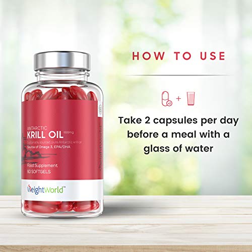 Aceite de Krill 1000 mg | Ácidos Grasos Omega 3, EPA y DHA, Apoya Salud Articulaciones, Cerebro y Piel | Concentración y Memoria Potente Antioxidante Con Astaxantina Natural, 60 Cápsulas