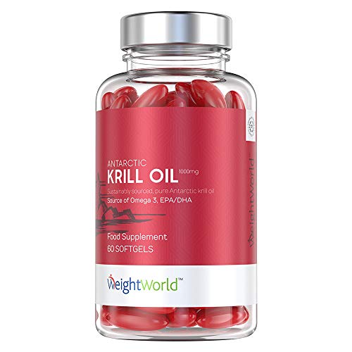 Aceite de Krill 1000 mg | Ácidos Grasos Omega 3, EPA y DHA, Apoya Salud Articulaciones, Cerebro y Piel | Concentración y Memoria Potente Antioxidante Con Astaxantina Natural, 60 Cápsulas