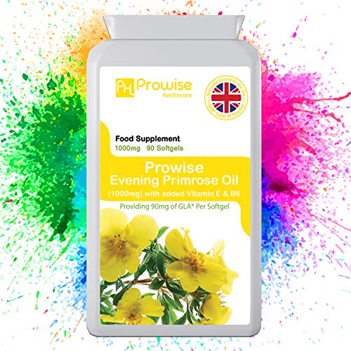 Aceite de onagra 1000 mg agregado con vitamina E y B6 90 cápsulas blandas - Apoya los niveles hormonales equilibrados, la salud menstrual en las mujeres - Fabricado en el Reino Unido | Estándares GMP de Prowise Healthcare