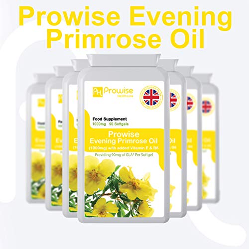 Aceite de onagra 1000 mg agregado con vitamina E y B6 90 cápsulas blandas - Apoya los niveles hormonales equilibrados, la salud menstrual en las mujeres - Fabricado en el Reino Unido | Estándares GMP de Prowise Healthcare