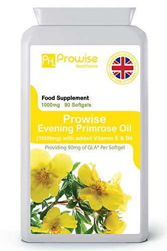 Aceite de onagra 1000 mg agregado con vitamina E y B6 90 cápsulas blandas - Apoya los niveles hormonales equilibrados, la salud menstrual en las mujeres - Fabricado en el Reino Unido | Estándares GMP de Prowise Healthcare