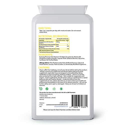 Aceite de onagra 1000 mg agregado con vitamina E y B6 90 cápsulas blandas - Apoya los niveles hormonales equilibrados, la salud menstrual en las mujeres - Fabricado en el Reino Unido | Estándares GMP de Prowise Healthcare