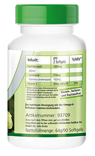Aceite de Onagra 500mg - Dosis elevada - 90 Cápsulas blandas - rico en GLA - Calidad Alemana