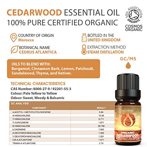 Aceite esencial puro de cedro del Atlas con el certificado ecológico COSMOS, grado terapéutico para aromaterapia, con libro electrónico de Ecodrop de regalo, 10 ml