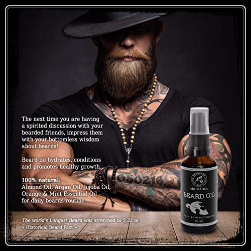 Aceite Natural de Barba y Bigote 50ml - 100% de Almendra Pura y Natural - Argan - Jojoba - Naranja - Aceite de Menta - Grandes Beneficios para Barba - Bigote - Cuidado de La Piel - Botella de Vidrio