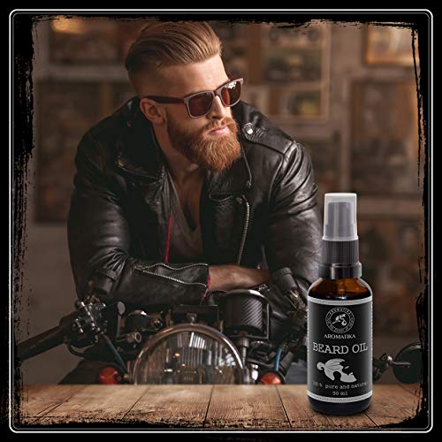 Aceite Natural de Barba y Bigote 50ml - 100% de Almendra Pura y Natural - Argan - Jojoba - Naranja - Aceite de Menta - Grandes Beneficios para Barba - Bigote - Cuidado de La Piel - Botella de Vidrio