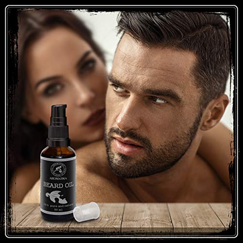 Aceite Natural de Barba y Bigote 50ml - 100% de Almendra Pura y Natural - Argan - Jojoba - Naranja - Aceite de Menta - Grandes Beneficios para Barba - Bigote - Cuidado de La Piel - Botella de Vidrio