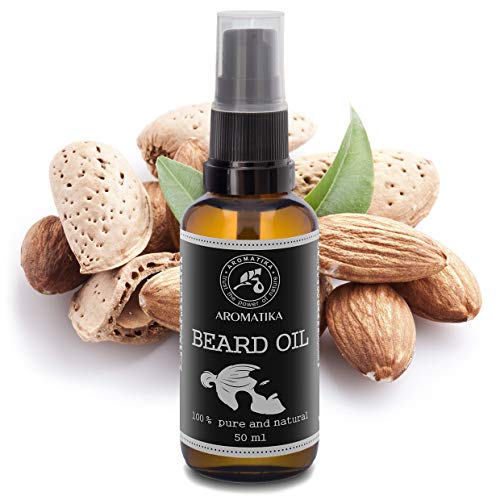 Aceite Natural de Barba y Bigote 50ml - 100% de Almendra Pura y Natural - Argan - Jojoba - Naranja - Aceite de Menta - Grandes Beneficios para Barba - Bigote - Cuidado de La Piel - Botella de Vidrio