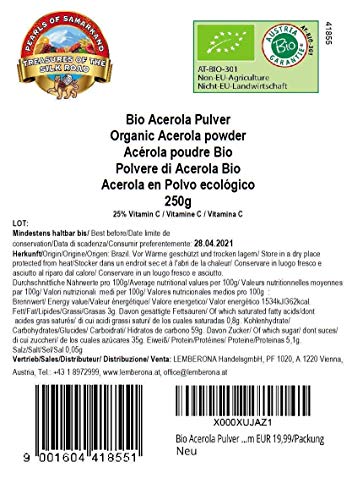 Acerola en Polvo ecológico 250 g orgánico con 25% contenido en vitamina C natural, puro y sin aditivos